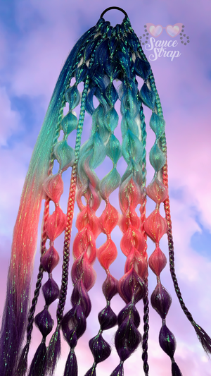 the background is of the clouds during a sunset. the sky is blue and the clouds are gradient from lilac up top down to a soft pink at the bottom of the picture. in the center is our Medusa Bubble Braid Band. shown laying flat. there is a black hair elastic with multiple sections of hair fastened to it. ranging in style from bubble braids, to fishtail braids to twists and regular braids. it is a gradient from dark blue to sea foam, to coral, to dark purple.. mixed in with the hair is iridescent tinsel.